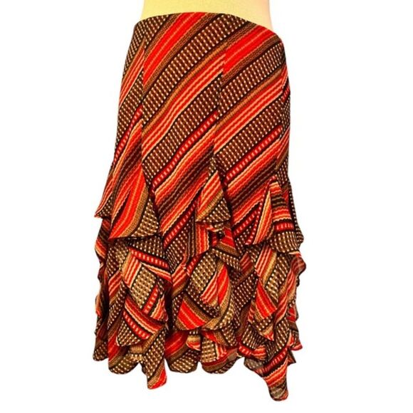 Ralph Lauren Ruffle Hem Midi Skirt SZ M Red Brown White Diagonal Stripe Western - Picture 1 of 10
